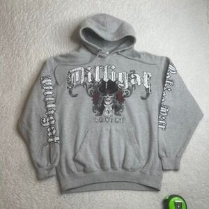 Y2K grunge‎ aop sleeve hit hoodie mens grey back hit skull rose cross skate M